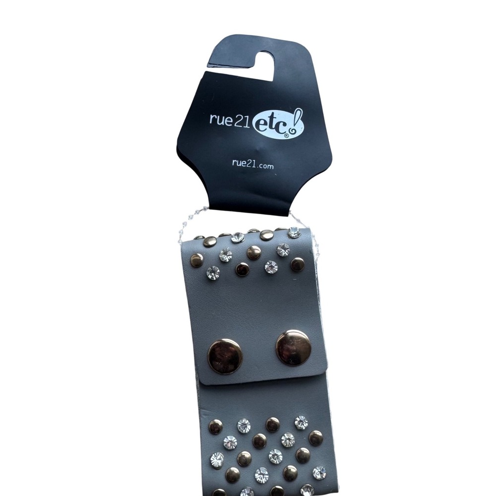 Rue21 etc Womens Grey Faux Leather Studded Rhinestone Cuff Bracelet Snap Closure